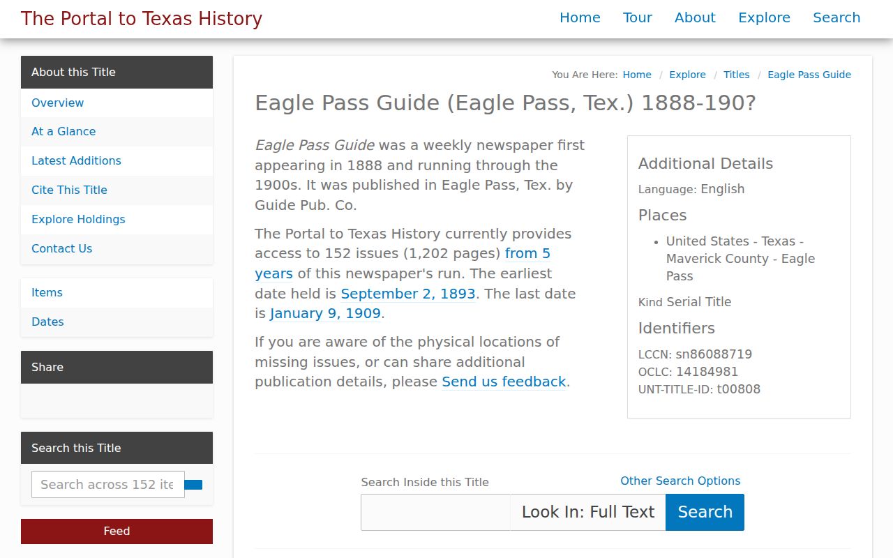 Eagle Pass city directory research view of digitized Eagle Pass Guide holdings